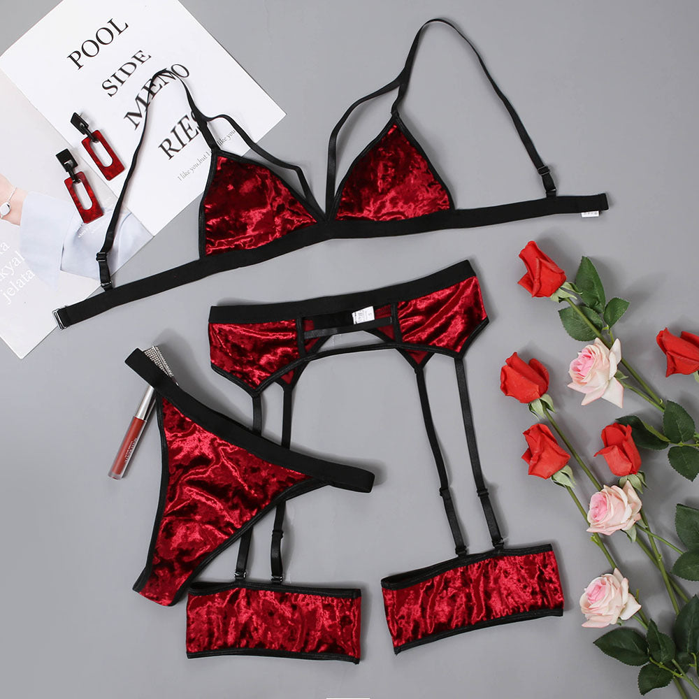 New European And American Women's Velvet Underwear Lace Suit