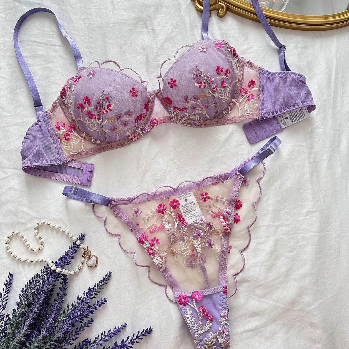 Girl Floral Embroidered Mesh Gather Thin Underwear