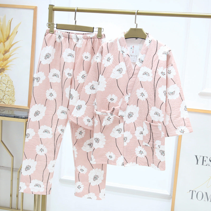Winter Warm Striped Kimono Crop Clothes Air Layer Pajamas