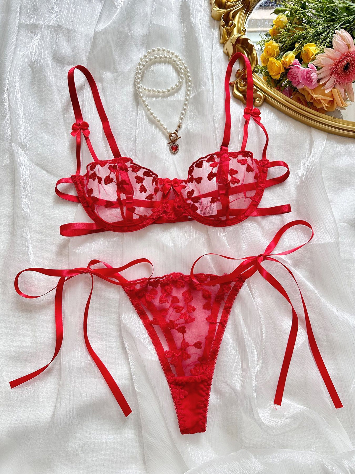 Romantic Love Embroidery Sexy Sling See-through Mesh With Steel Ring