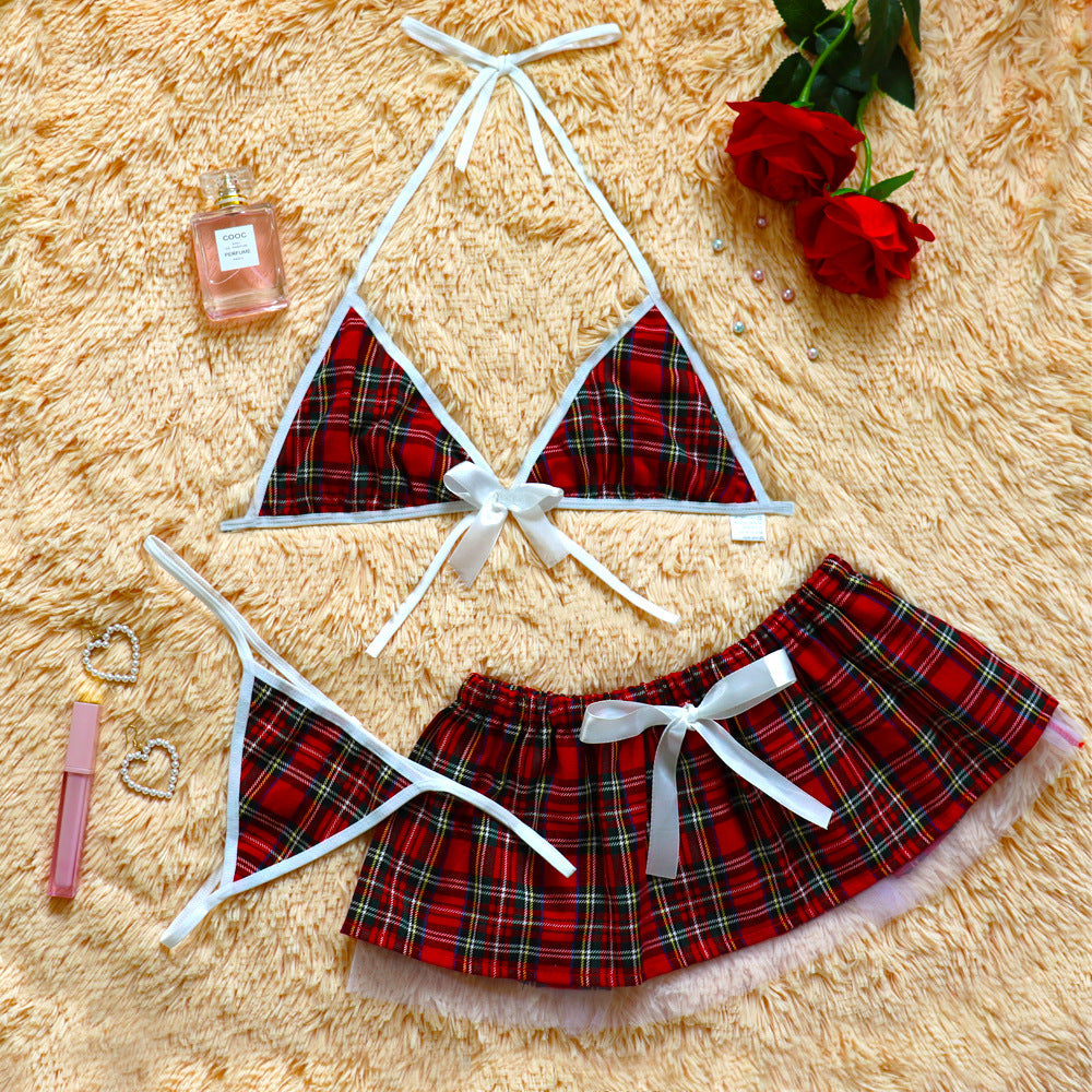 New sexy lingerie red plaid skirt student suit