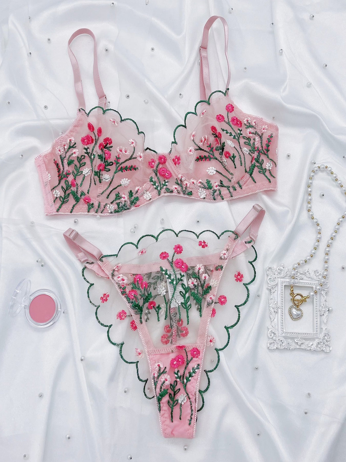 Girl Floral Embroidered Mesh Gather Thin Underwear