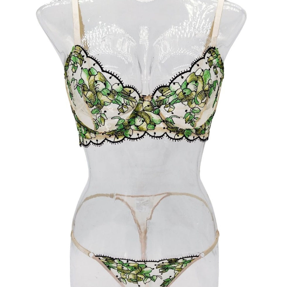 Women's Mesh Multi-color Embroidery Transparent Underwear Suit
