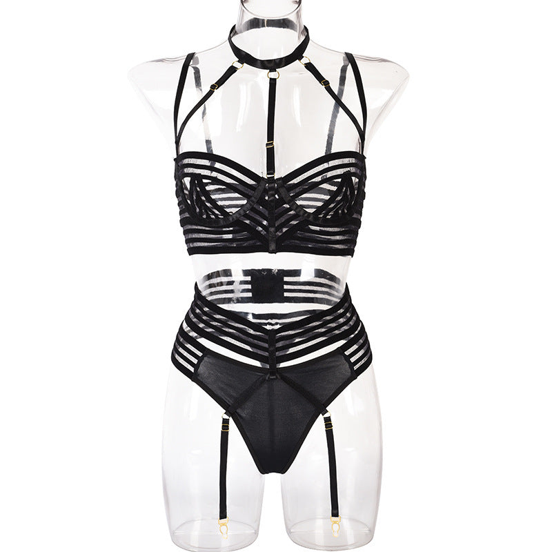 Lingerie Suit Black Webbing Stitching Halter Neck Nightclub Suit