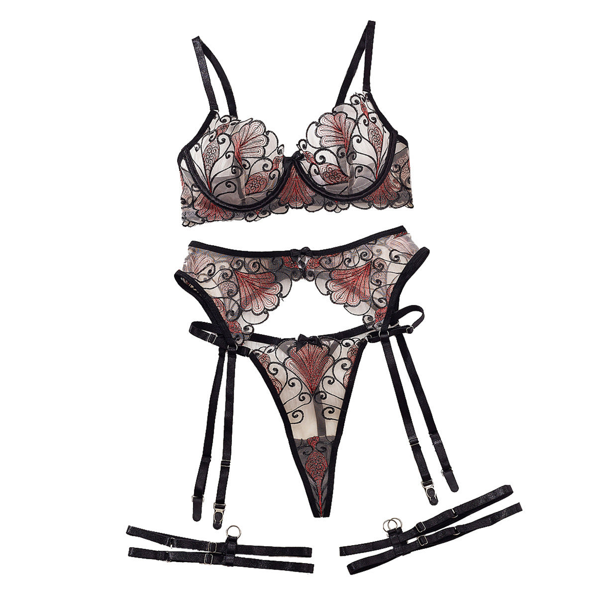 Leaf Embroidery Mesh Bow Low-cut Underwear