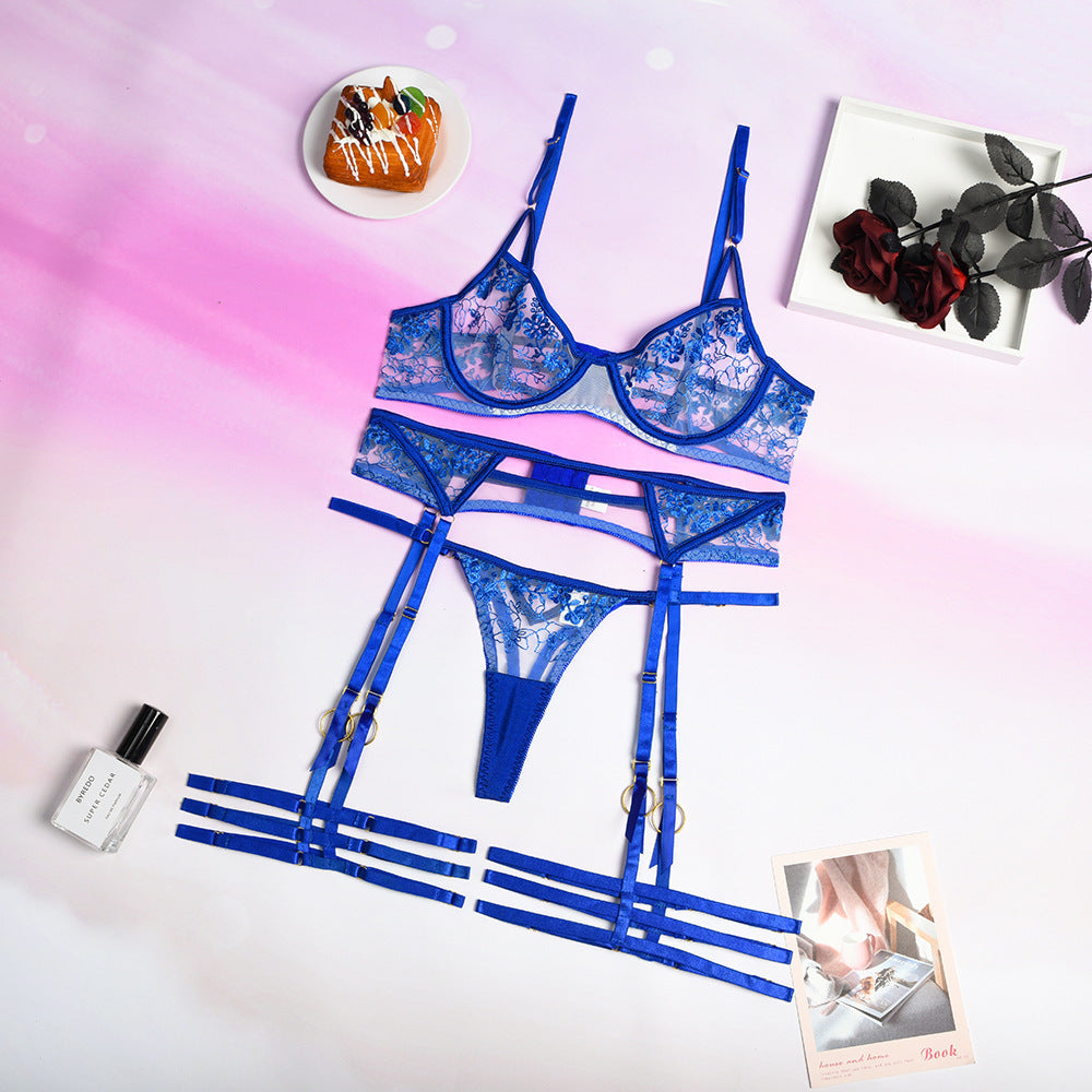 Lace Embroidery See-through Garter Three-piece Underwear Set
