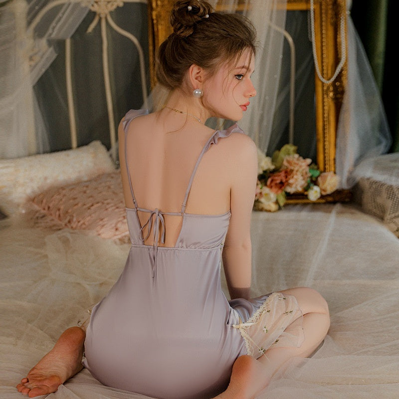Ice Silk Floral Pajamas With Chest Pad Push Up Sling Nightdress