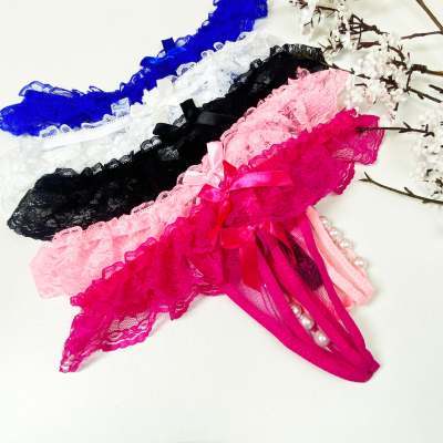 Sexy Underwear Feminine Lace Pearl Thong Temptation Bow Transparent Underwear