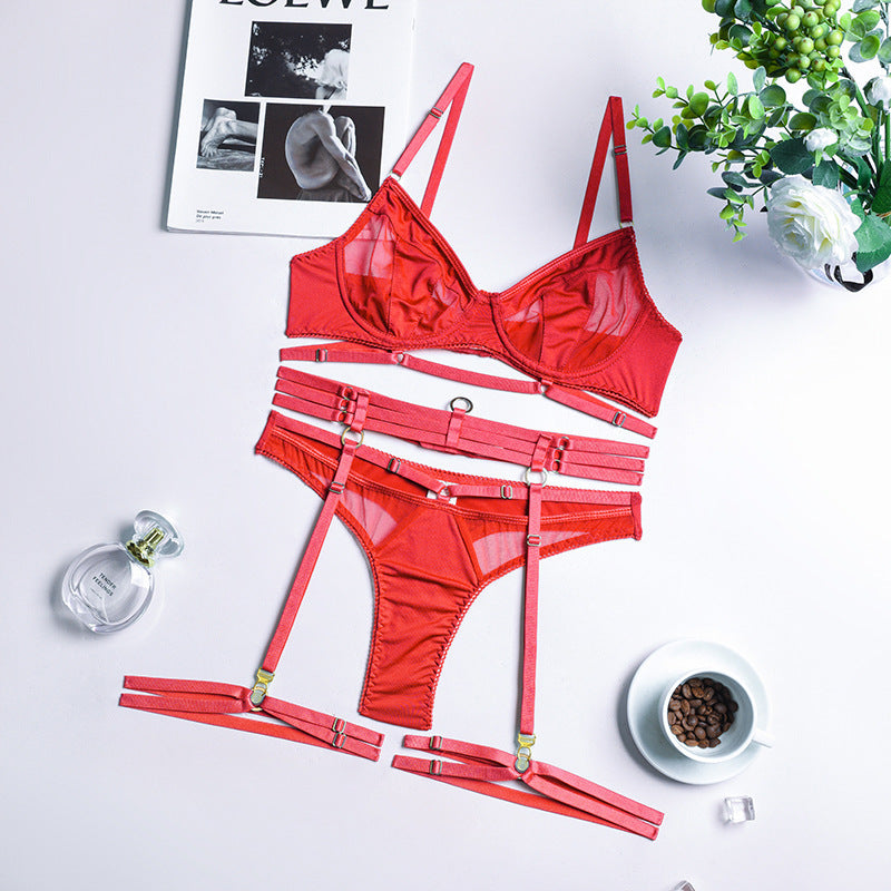 Women's Fashion Underwear Complex Heavy Craft Mesh Gather Comfortably Four-piece Set With Steel Ring