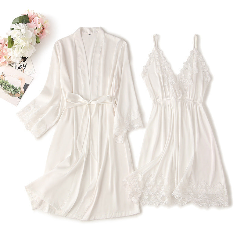 Women's Artificial Silk Pajamas With Lace Spring And Summer