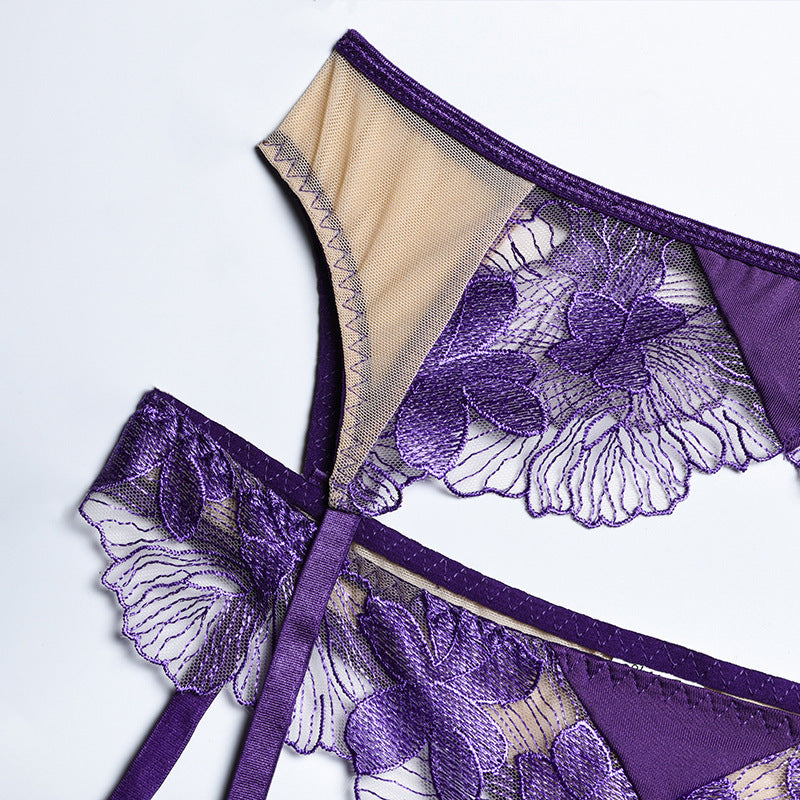 Women's Embroidered Lace Underwear Three Piece Set
