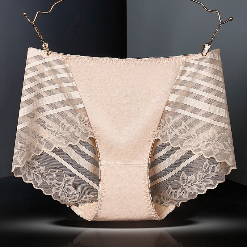 Women's Transparent Lace Sexy Lace Underwear Cotton Mid-waist Plump Girls Elastic Briefs
