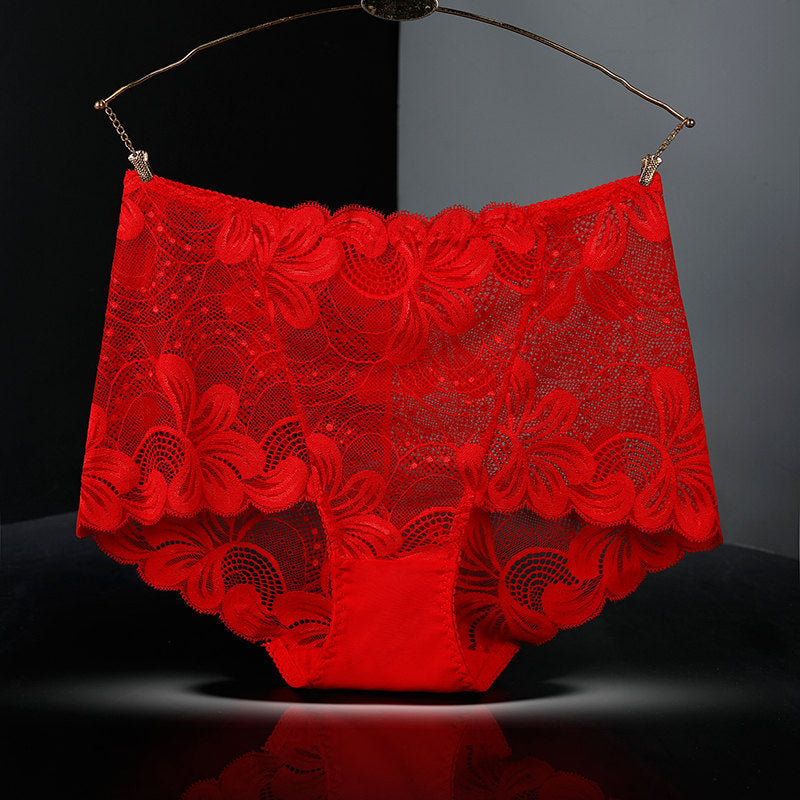 Women's Lace Underwear High Waist Fattening Plus Size Hollow Out See Through Purified Cotton Briefs