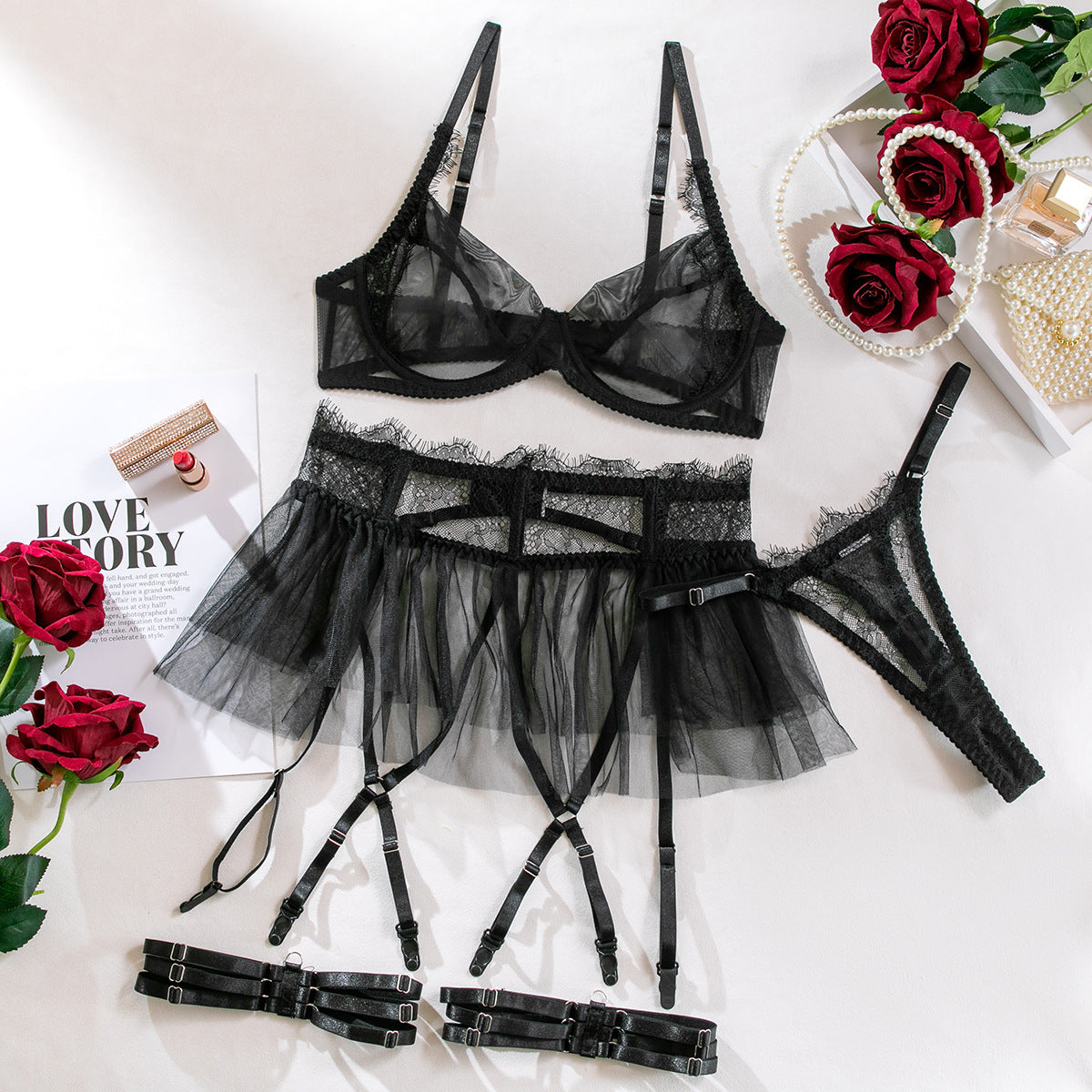 Women's See-through Push Up Mesh Lace Stitching Four-piece Set