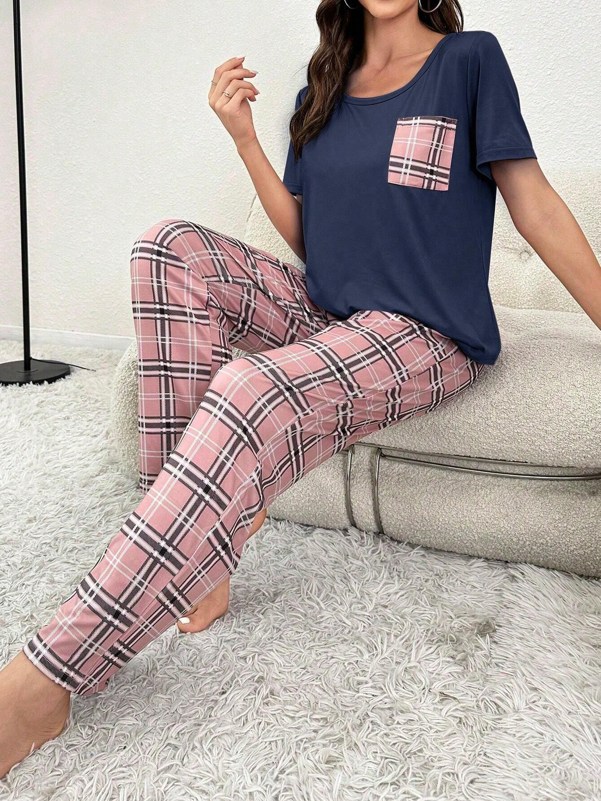Color Blocking Plaid Trousers Pajamas
