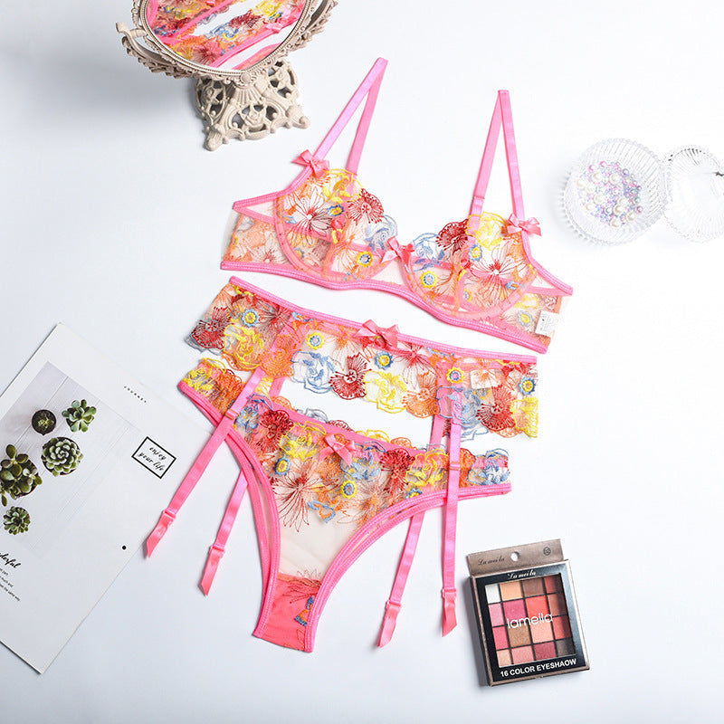 Embroidery Heavy Craft Floral Mesh Underwear Gathering Three-piece Set