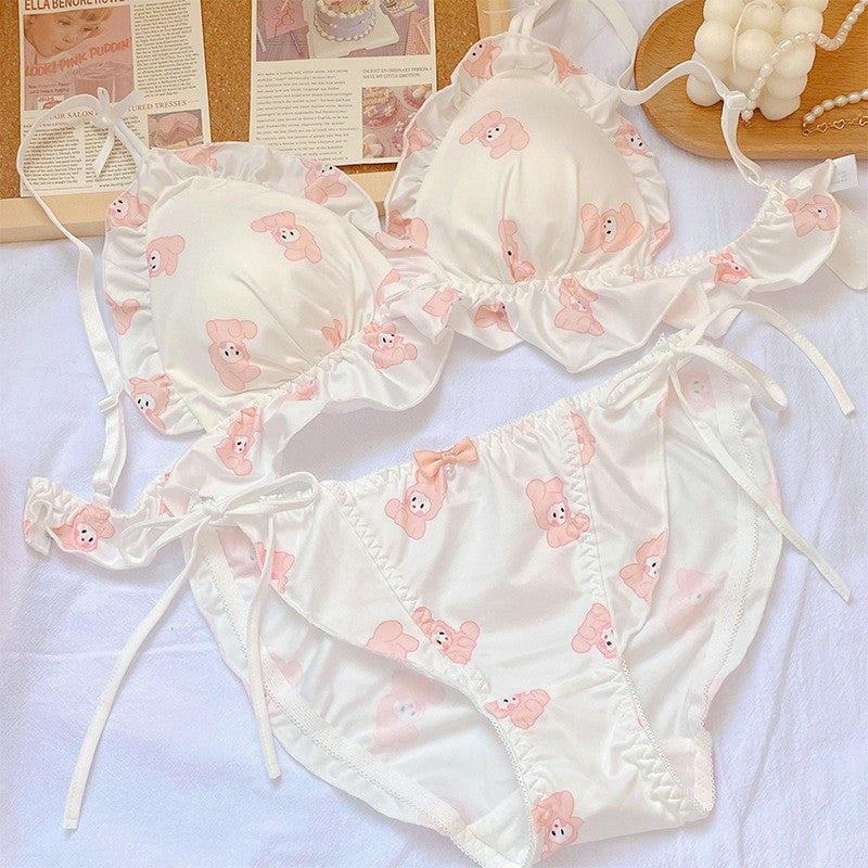 Cute Printed Underwear Without Steel Ring Not Empty Cup Slimming Bra Set