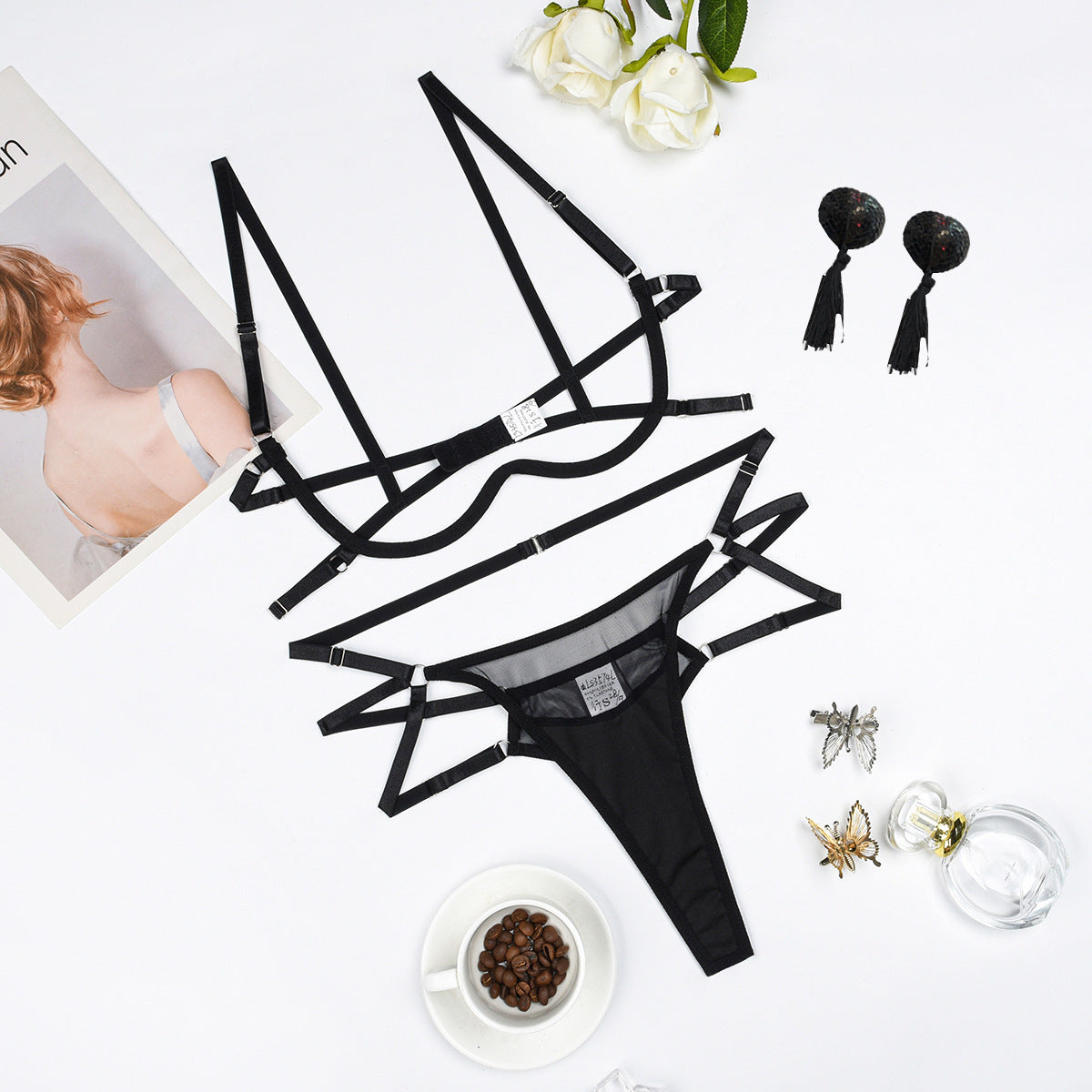 New Three-point Bra Set European And American Mesh Lingerie Three-piece Set For Women