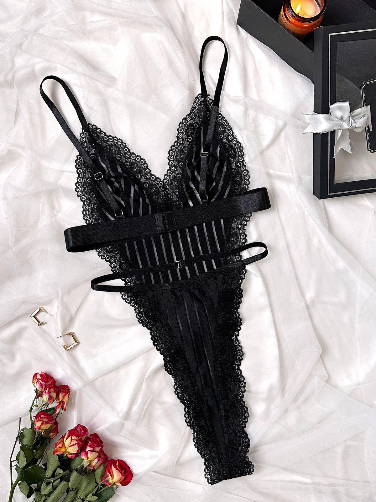 New Pajamas Striped Sheer Mesh Stitching Lace Sexy Jumpsuit