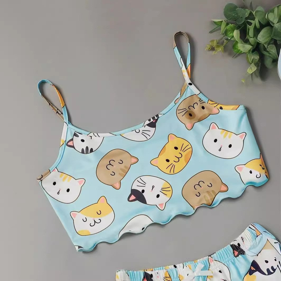 Women's Cartoon Printed Vest Top Shorts Pajamas