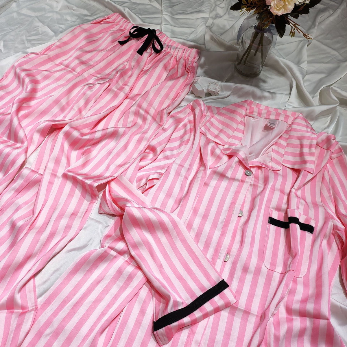 Striped Pajamas Women Autumn And Winter Sexy Pajamas Set Satin Home Silk Cardigan Long Sleeves