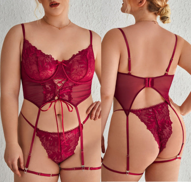 Plus Size Embroidery Steel Ring One-piece With Garter