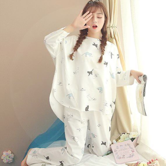 Loose Long-sleeved Two-piece Home Women's Pajamas Homewear Suit