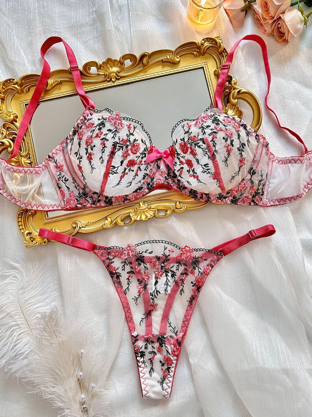 Floral Embroidery Transparent Mesh Underwear Suit