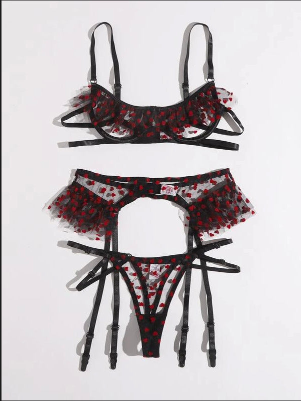 Sexy Lingerie Sexy Love Polka Dot Ruffled See-through Three-piece Set