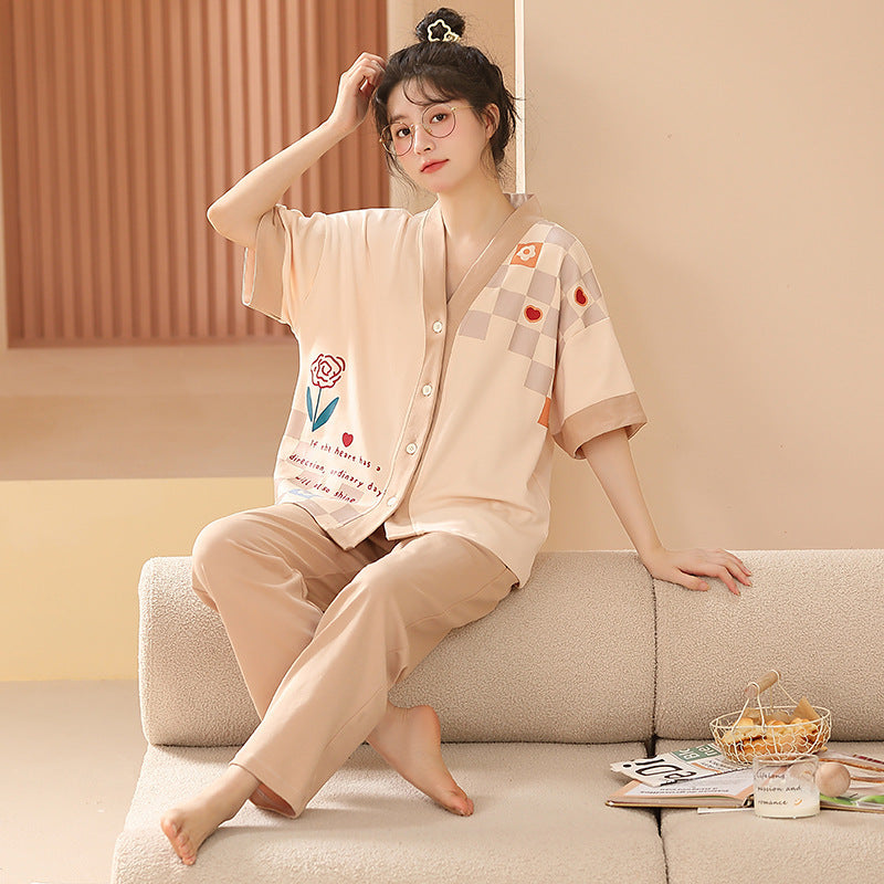 Women's Pajamas Pure Cotton Short-sleeved And Trousers Cardigan Homewear