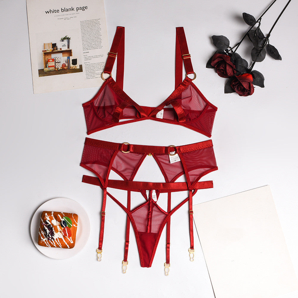 Women's Mesh Pure Color See-through Strapless Sexy Underwear Three-piece Suit