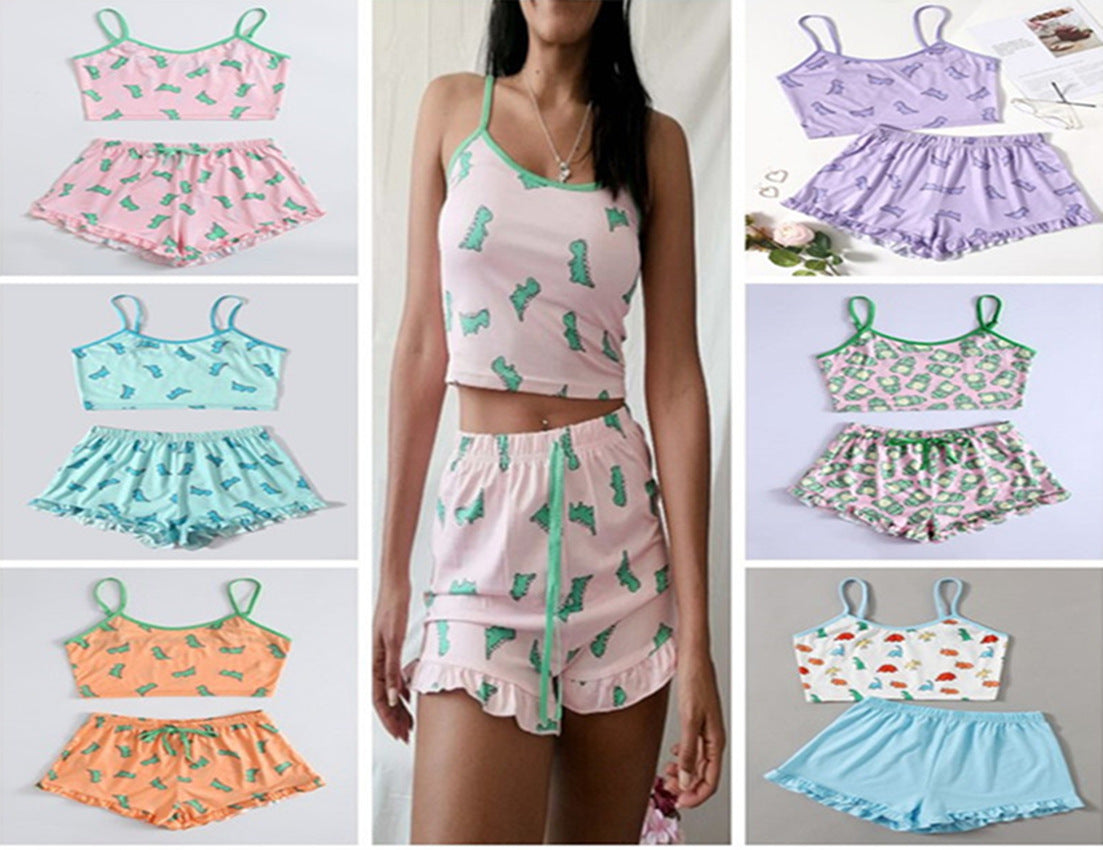 Summer Women's Small Suspender Two-piece Pajamas Dinosaur Suit