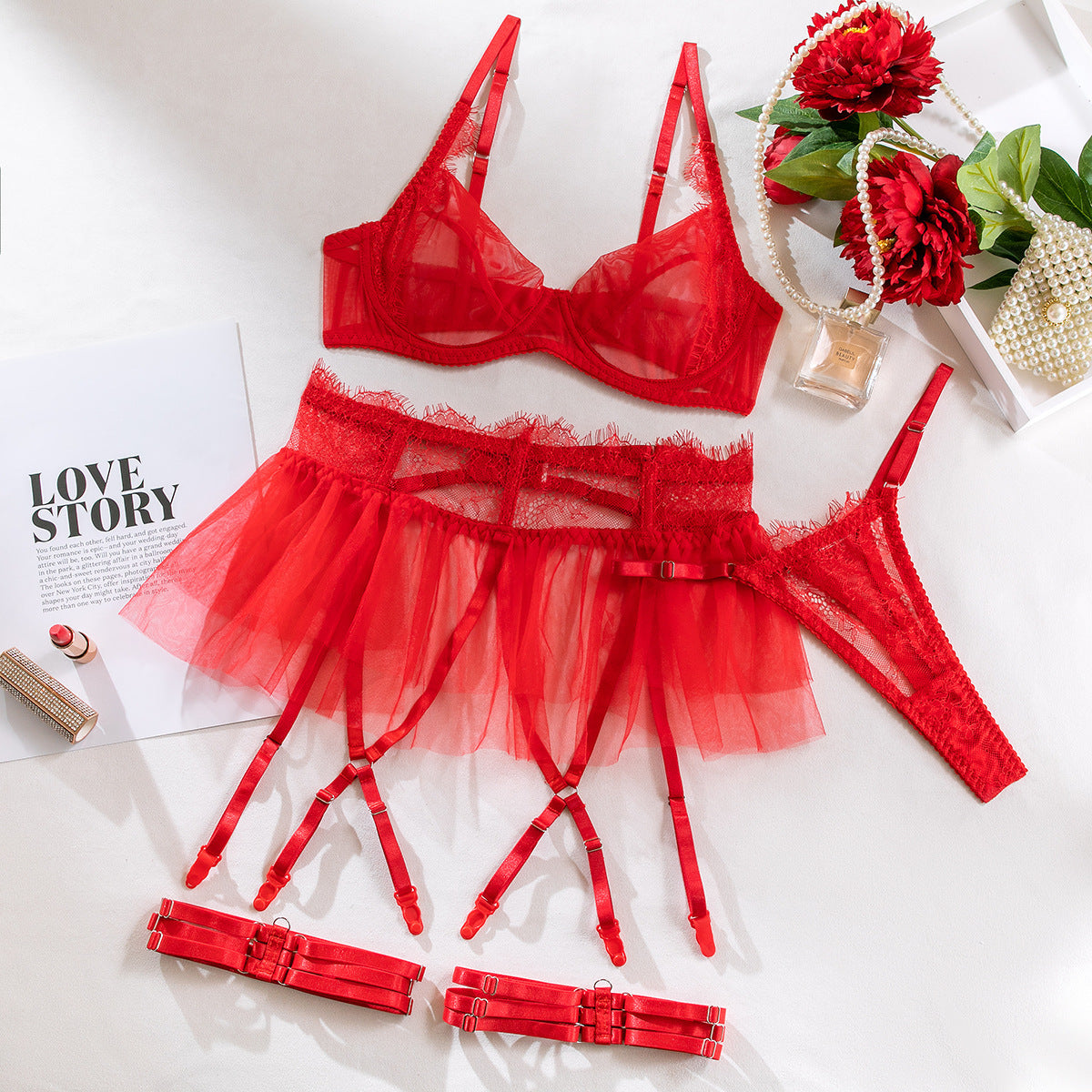 Women's See-through Push Up Mesh Lace Stitching Four-piece Set