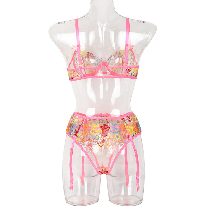 Embroidery Heavy Craft Floral Mesh Underwear Gathering Three-piece Set