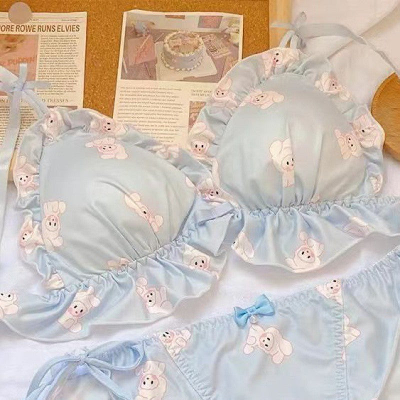 Cute Printed Underwear Without Steel Ring Not Empty Cup Slimming Bra Set