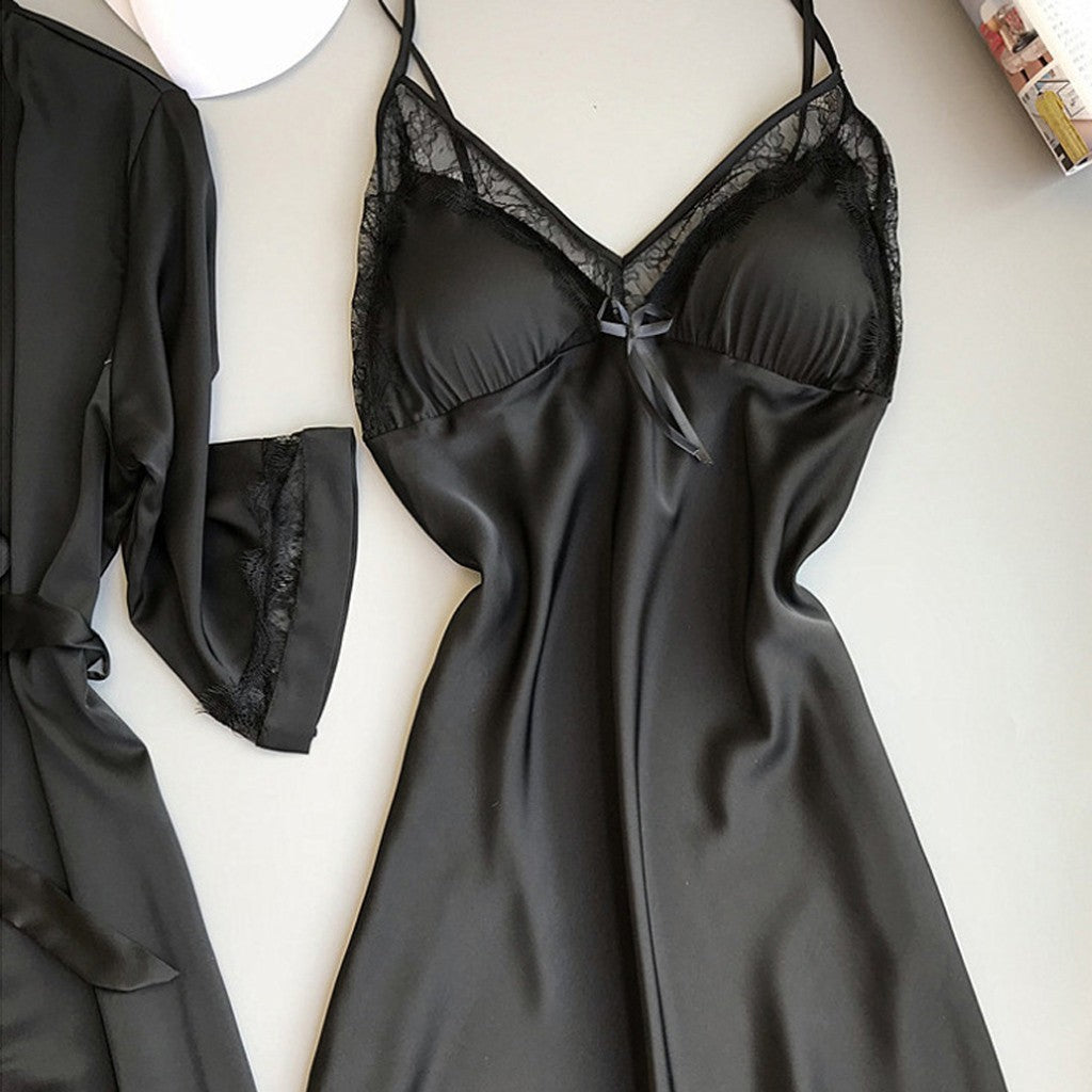 Female Summer Sexy Suspender Skirt Ice Silk Comfortable Bathrobe Lace Home Service