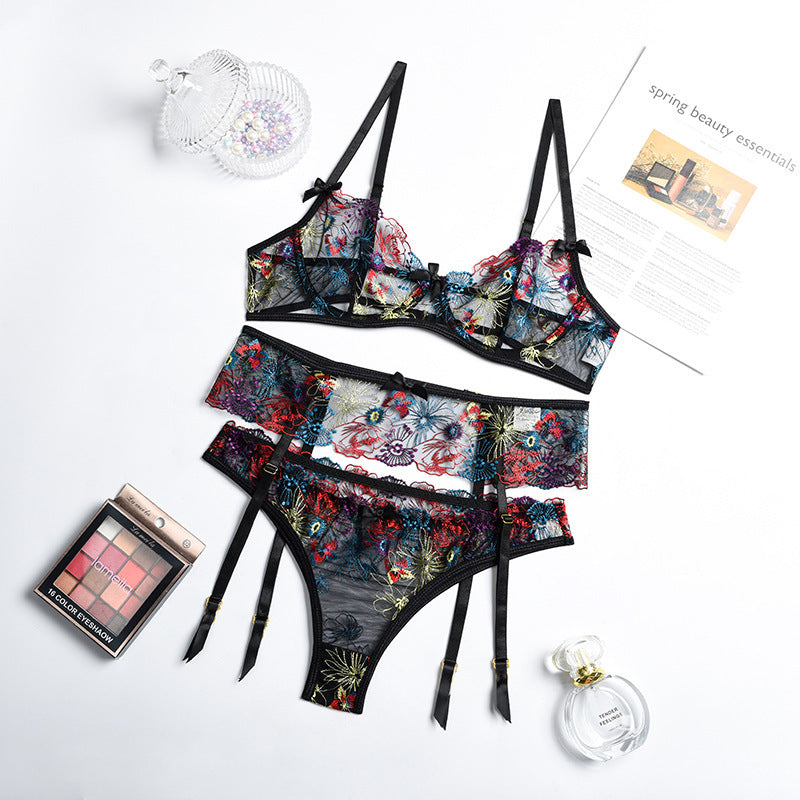 Embroidery Heavy Craft Floral Gauzy Underwear Push Up Three-piece Set