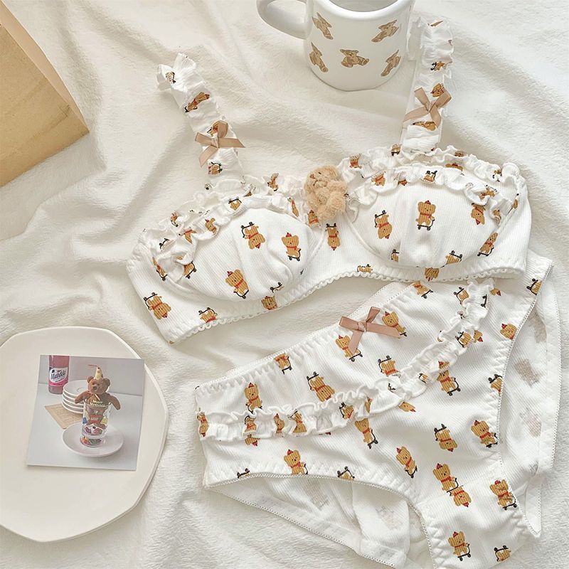 Cartoon Cute Underwear Panties Set Women's Chest-flattering Small Wireless Pure Desire Charming Bra
