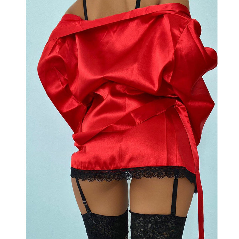 Three-piece High Elastic Sexy Pajamas European And American See-through Dress Printed Slip Nightdress