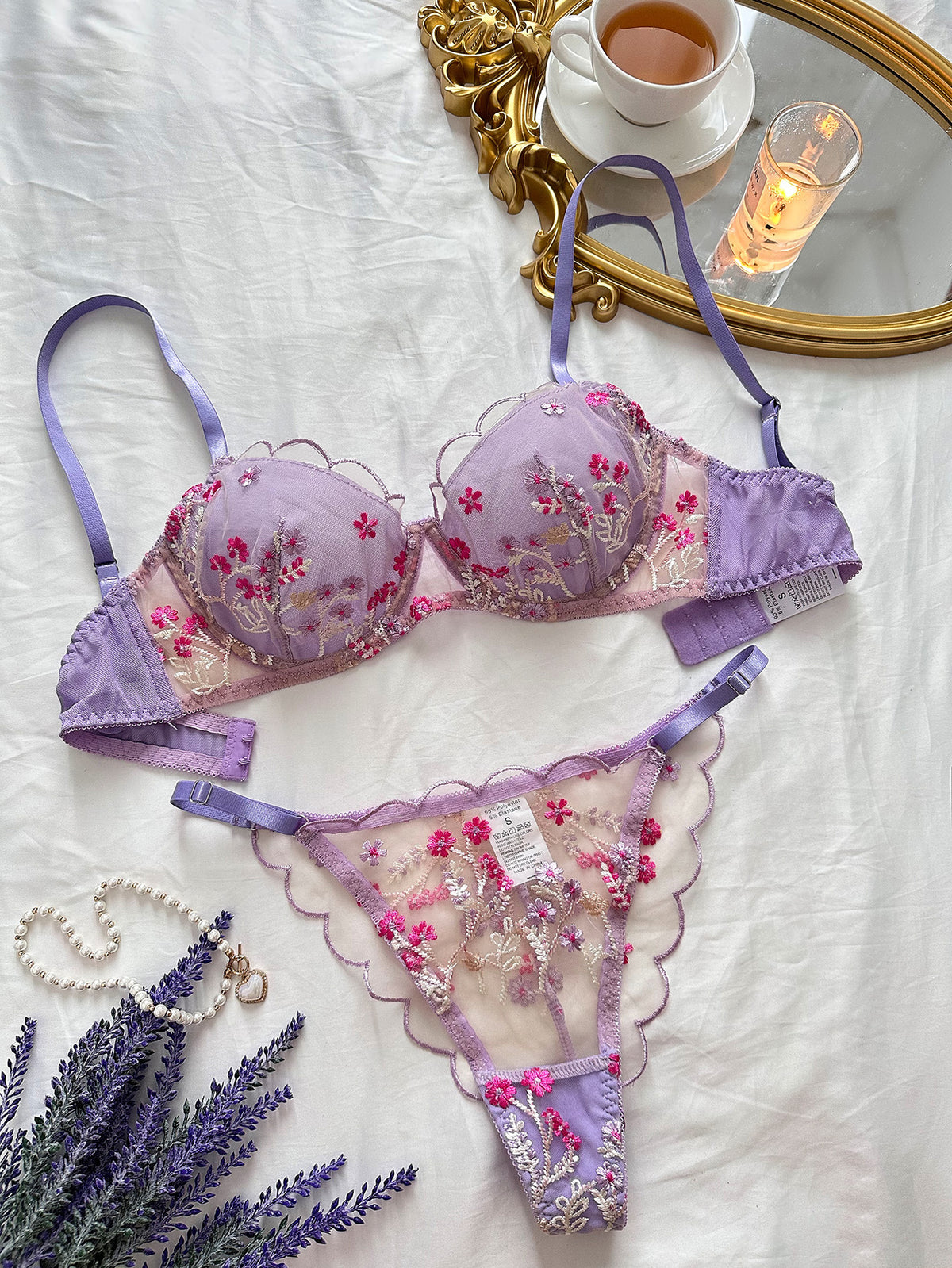 Girl Floral Embroidered Mesh Gather Thin Underwear