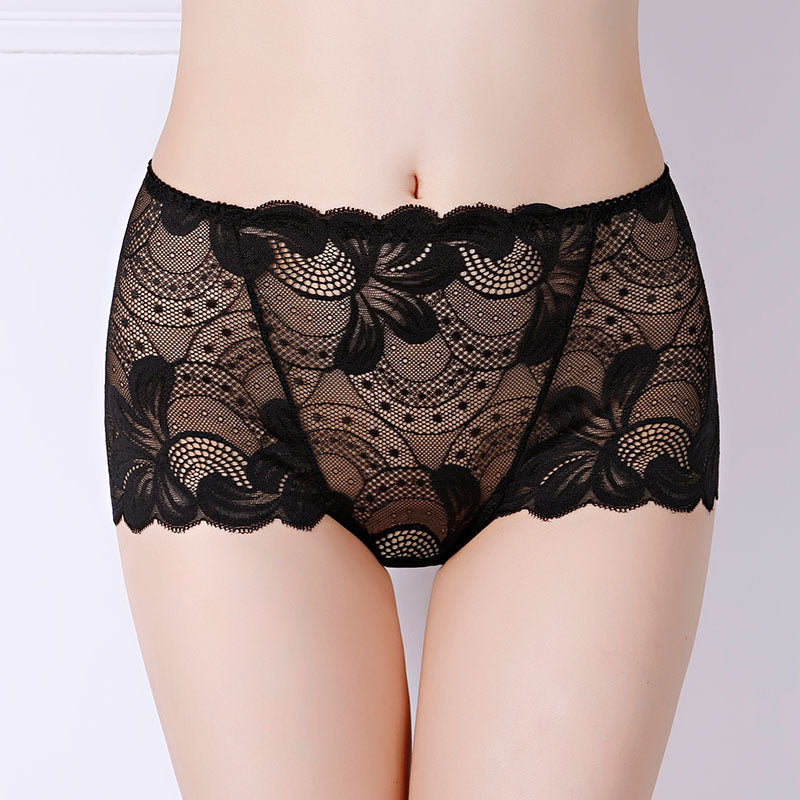 Women's Lace Underwear High Waist Fattening Plus Size Hollow Out See Through Purified Cotton Briefs