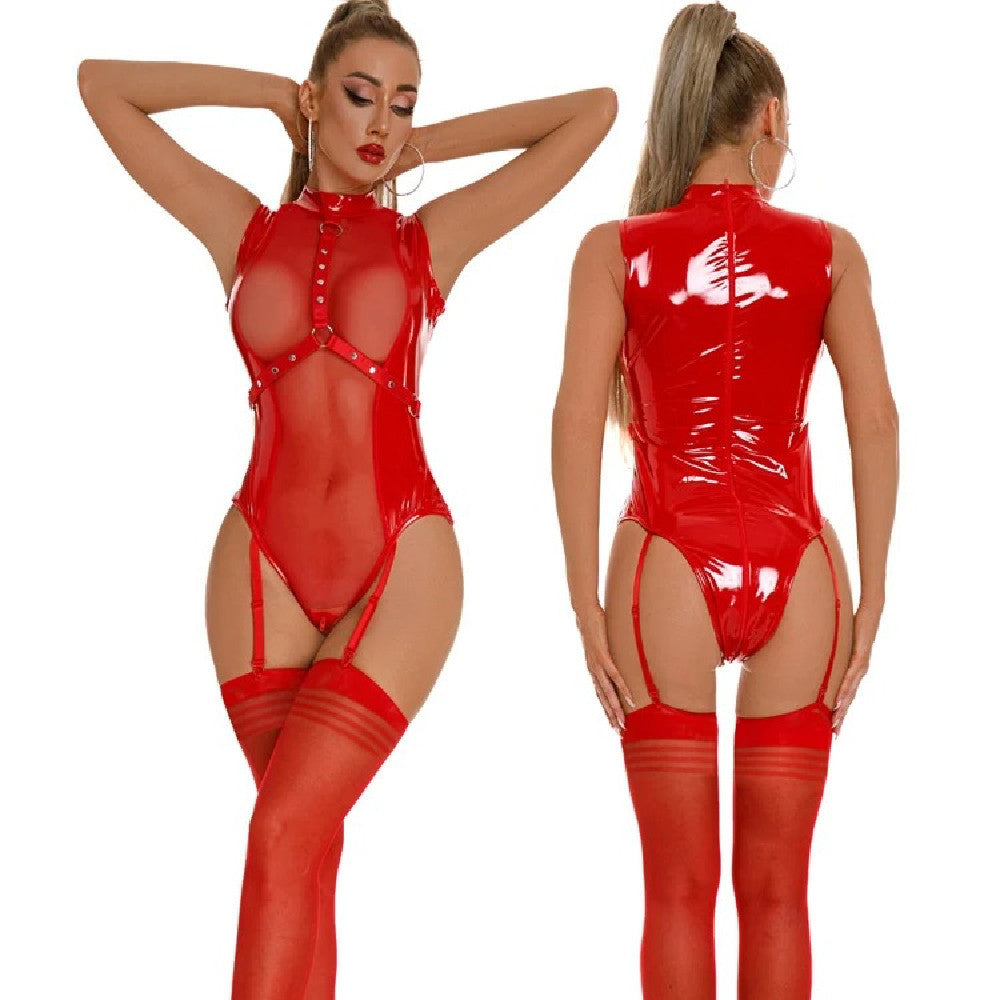 Oily Patent Leather Zipper Open Crotch One-piece Women's