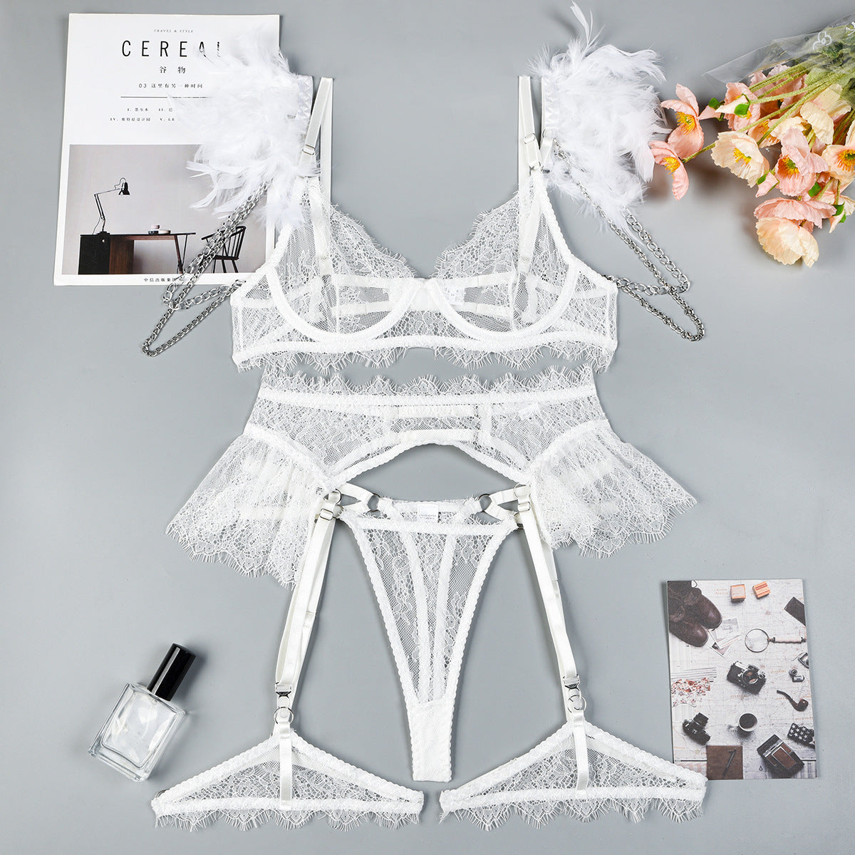 Feather Lace Chain Heavy Industry Underwear Suit In Stock Women