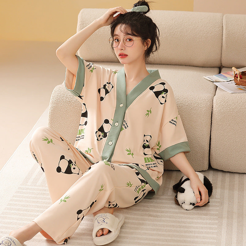 Women's Pajamas Pure Cotton Short-sleeved And Trousers Cardigan Homewear