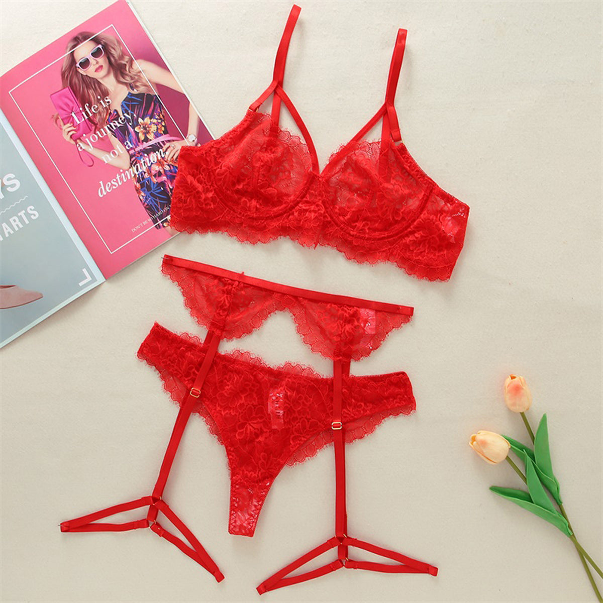 Lace Three-point Sexy Lingerie Maid See-through Suspenders
