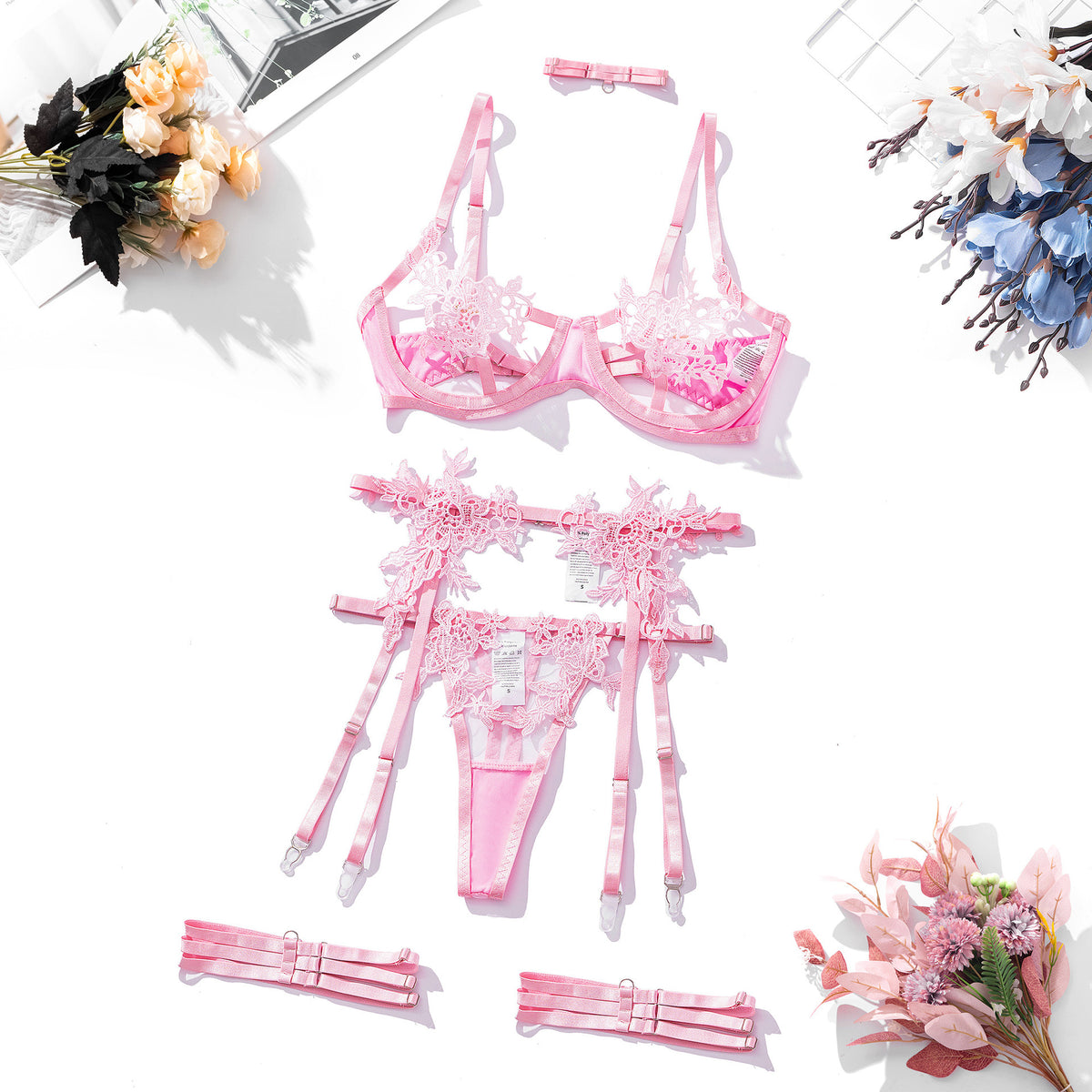 Embroidery Water Soluble Flower Mesh See-through Bra Set
