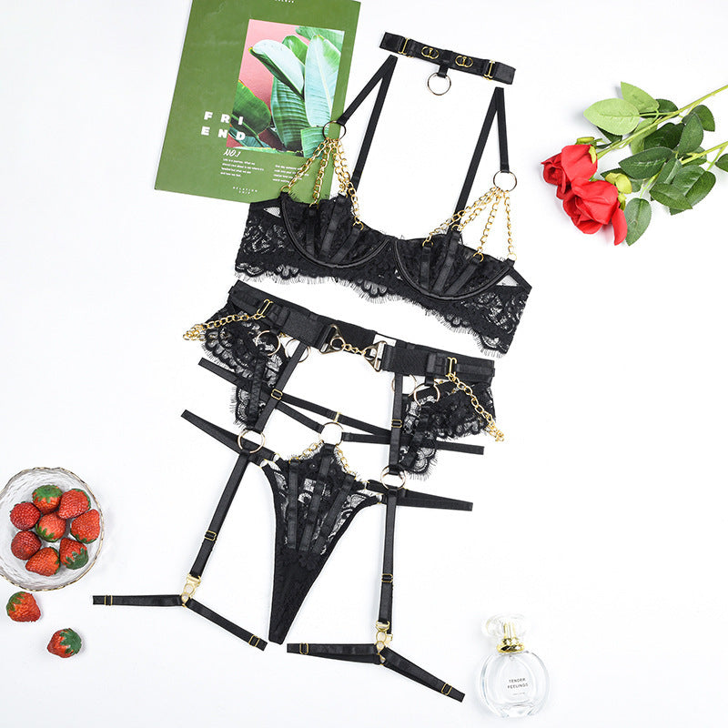 Lace Hollow Steel Ring Push Up Half Cup Lingerie Five-piece Set