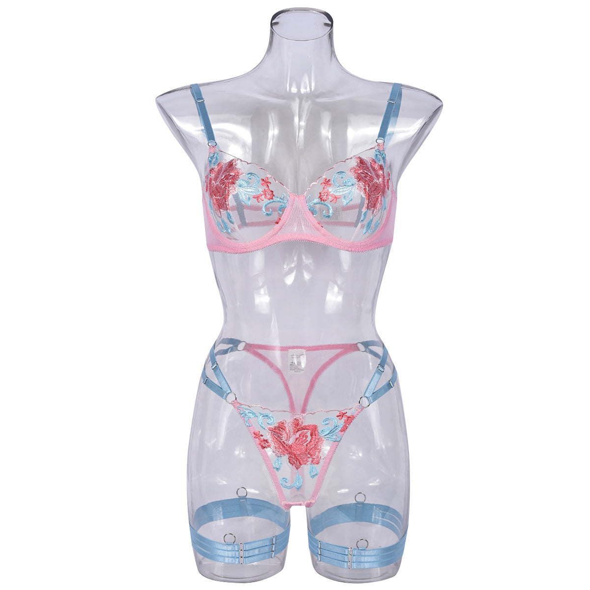 Women's Fashion Machine Embroidery Stitching Mesh Push Up Underwear Three-piece Set
