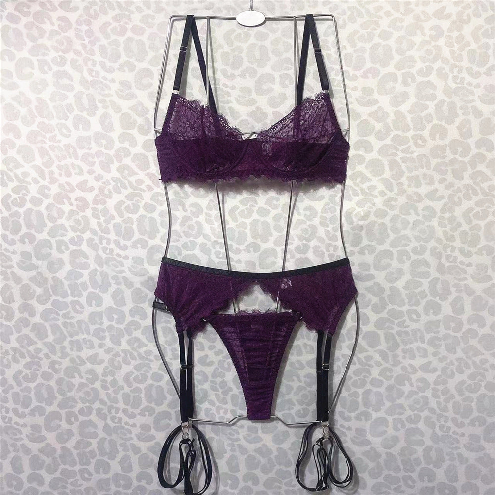 Sexy Underwear Lace Ribbon Steel Ring Bra Set