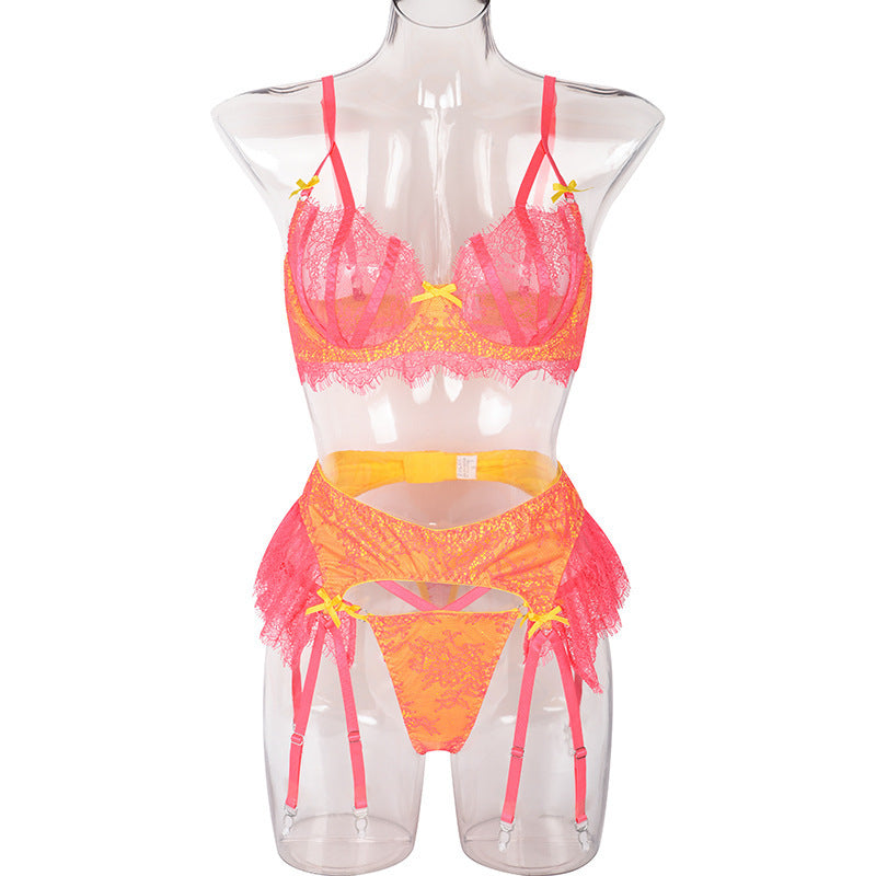 Mesh Perspective Stitching Contrast Color Crossover Socks Lingerie Set